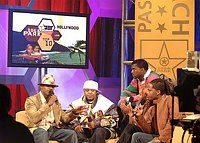 Photo of Jamie Foxx, Twista and Kayne West with hosts Free and AJ on BET's 106 & Park Live in Hollywood