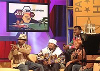 Photo of Jamie Foxx, Twista and Kayne West with host Free on BET's 106 & Park Live in Hollywood