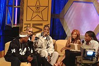 Photo of Nate Dogg, Warren G and Snoop Dogg with hosts Free and AJ on BET's 106 & Park Live in Hollywood