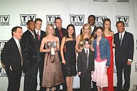 Photo of Cast members of &quotAmerican Dreams&quot, with Jonathan Prince, writer (L) and Dick Clark, executive