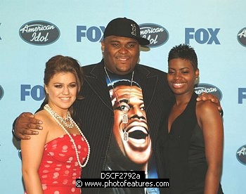 Photo of American Idol Winners. Kelly Clarkson (series1) Ruben Studdard (series2) and Fantasia Barrino, winner of American Idol 3, at American Idol 3 Finale, Kodak Theater in Hollywood, May 26th 2004. , reference; DSCF2792a