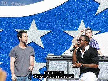 Photo of Maroon 5's Adam Levine and Kanye West performs at the NFL Opening Kickoff 2005 at the Los Angeles Coliseum , reference; DSC_0177a