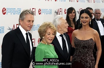 Photo of Michael Douglas, Anne Buydens, Kirk Douglas and Catherine Zeta-Jones at the 37th AFI Life Achievement Awards Honoring Michael Douglas at Sony Studios, Culver City on June 11th 2009.  , reference; AFI_4002a