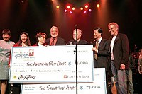 Photo of Don Felder (r) and sponsors East West Bank and City of Cerritos present proceeds to Red Cross and Salvation Army at Don Felder and friends Rock Cerritos for Katrina at Cerritos Center For The Performing Arts, February 1st 2006.<br>Photo by Chris Walter/Photofeatures