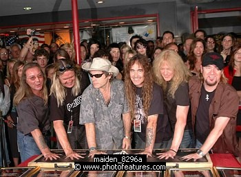 Photo of Iron Maiden inducted into Hollywood Rockwalk at Guitar Center on Sunset Blvd in Hollywood, August 19th 2005. l-r Dave Murray,Nicko McBrain, Bruce Dickinson, Steve Harris, Janick Gers and Adrian Smith. Photo by Chris Walter/Photofeatures. , reference; maiden_8296a