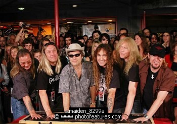 Photo of Iron Maiden inducted into Hollywood Rockwalk at Guitar Center on Sunset Blvd in Hollywood, August 19th 2005. l-r Dave Murray,Nicko McBrain, Bruce Dickinson, Steve Harris, Janick Gers and Adrian Smith. Photo by Chris Walter/Photofeatures. , reference; maiden_8299a