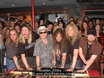 Photo of Iron Maiden inducted into Hollywood Rockwalk at Guitar Center on Sunset Blvd in Hollywood, August 19th 2005. l-r Dave Murray,Nicko McBrain, Bruce Dickinson, Steve Harris, Janick Gers and Adrian Smith. Photo by Chris Walter/Photofeatures. , reference; maiden_8306a
