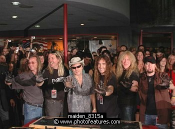 Photo of Iron Maiden inducted into Hollywood Rockwalk at Guitar Center on Sunset Blvd in Hollywood, August 19th 2005. l-r Dave Murray,Nicko McBrain, Bruce Dickinson, Steve Harris, Janick Gers and Adrian Smith. Photo by Chris Walter/Photofeatures. , reference; maiden_8315a