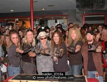 Photo of Iron Maiden inducted into Hollywood Rockwalk at Guitar Center on Sunset Blvd in Hollywood, August 19th 2005. l-r Dave Murray,Nicko McBrain, Bruce Dickinson, Steve Harris, Janick Gers and Adrian Smith. Photo by Chris Walter/Photofeatures. , reference; maiden_8318a