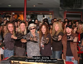 Photo of Iron Maiden inducted into Hollywood Rockwalk at Guitar Center on Sunset Blvd in Hollywood, August 19th 2005. l-r Dave Murray,Nicko McBrain, Bruce Dickinson, Steve Harris, Janick Gers and Adrian Smith. Photo by Chris Walter/Photofeatures. , reference; maiden_8319a