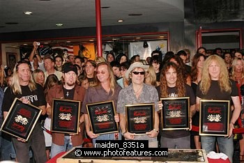 Photo of Iron Maiden inducted into Hollywood Rockwalk at Guitar Center on Sunset Blvd in Hollywood, August 19th 2005. L-R Nicko McBrain, Adrian Smith, Dave Murray, Bruce Dickinson, Steve Harris and Janick Gers. Photo by Chris Walter/Photofeatures. , reference; maiden_8351a