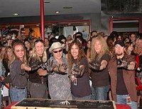 Photo of Iron Maiden inducted into Hollywood Rockwalk at Guitar Center on Sunset Blvd in Hollywood, August 19th 2005. l-r Dave Murray,Nicko McBrain, Bruce Dickinson, Steve Harris, Janick Gers and Adrian Smith. Photo by Chris Walter/Photofeatures.