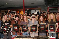 Photo of Iron Maiden inducted into Hollywood Rockwalk at Guitar Center on Sunset Blvd in Hollywood, August 19th 2005. L-R Nicko McBrain, Adrian Smith, Dave Murray, Bruce Dickinson, Steve Harris and Janick Gers. Photo by Chris Walter/Photofeatures.