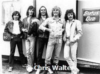 Status Quo 1982 Pete Kircher, Andy Bown, Francis Rossi, Rick Parfitt and Alan Lancaster at Donnington<br>