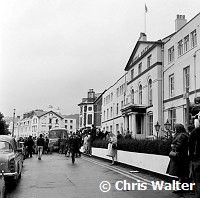Beatles 1967 Fans and the bus on a grey day at start of Magical Mystery Tour at The Royal Hotel in Teignmouth, Devon 12th September 1967.<br> Chris Walter