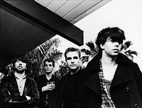 Photo of Echo & The Bunnymen 1981 Will Sargeant, Pete de Freitas, Les Pattinson and Ian McCulloch at the Tropicana Motel in Hollywood.