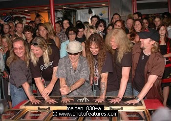 Photo of Iron Maiden inducted into Hollywood Rockwalk at Guitar Center on Sunset Blvd in Hollywood, August 19th 2005. l-r Dave Murray,Nicko McBrain, Bruce Dickinson, Steve Harris, Janick Gers and Adrian Smith. Photo by Chris Walter/Photofeatures. , reference; maiden_8304a