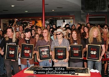 Photo of Iron Maiden inducted into Hollywood Rockwalk at Guitar Center on Sunset Blvd in Hollywood, August 19th 2005. L-R Nicko McBrain, Adrian Smith, Dave Murray, Bruce Dickinson, Steve Harris and Janick Gers. Photo by Chris Walter/Photofeatures. , reference; maiden_8354a