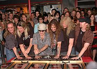 Photo of Iron Maiden inducted into Hollywood Rockwalk at Guitar Center on Sunset Blvd in Hollywood, August 19th 2005. l-r Dave Murray,Nicko McBrain, Bruce Dickinson, Steve Harris, Janick Gers and Adrian Smith. Photo by Chris Walter/Photofeatures.