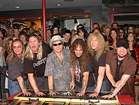 Photo of Iron Maiden inducted into Hollywood Rockwalk at Guitar Center on Sunset Blvd in Hollywood, August 19th 2005. l-r Dave Murray,Nicko McBrain, Bruce Dickinson, Steve Harris, Janick Gers and Adrian Smith. Photo by Chris Walter/Photofeatures.