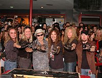 Photo of Iron Maiden inducted into Hollywood Rockwalk at Guitar Center on Sunset Blvd in Hollywood, August 19th 2005. l-r Dave Murray,Nicko McBrain, Bruce Dickinson, Steve Harris, Janick Gers and Adrian Smith. Photo by Chris Walter/Photofeatures.