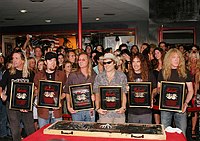 Photo of Iron Maiden inducted into Hollywood Rockwalk at Guitar Center on Sunset Blvd in Hollywood, August 19th 2005. L-R Nicko McBrain, Adrian Smith, Dave Murray, Bruce Dickinson, Steve Harris and Janick Gers. Photo by Chris Walter/Photofeatures.