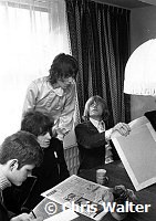 Rolling Stones 1968 Bill Wyman, Mick Jagger and Brian Jones with journalist Gordon Coxhill at their publicists office.