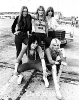 Runaways 1976 Lita Ford, Sandy West, Jackie Fox, Cherie Currie and Joan Jett in London.<br> Chris Walter<br>
