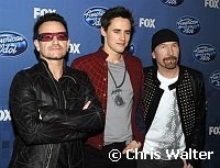 Bono and the Edge of U2 with Reeve Carney from Spider-Man at the 2011 American Idol Finale at Nokia Theatre in Los Angeles, May 25th 2011.<br>Photo by Chris Walter/Photofeatures